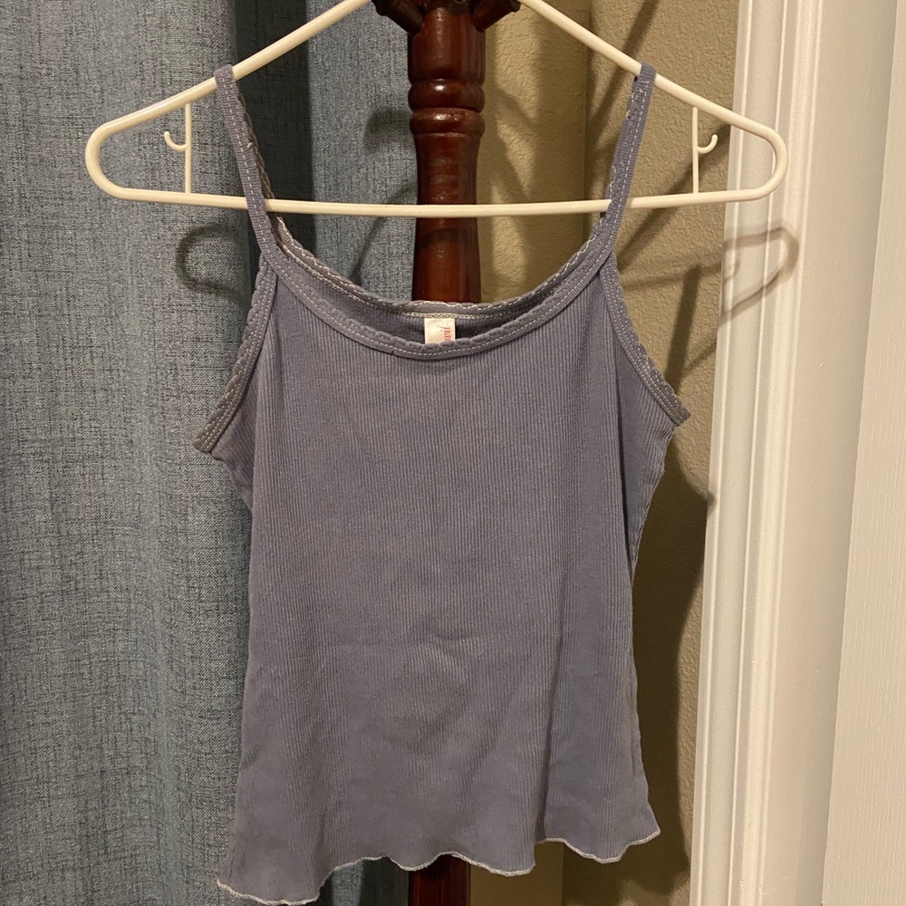 Anvil Dusty Blue Women’s Ribbed Tank Top Cute Stitched Hems Ruffle Summer Size S